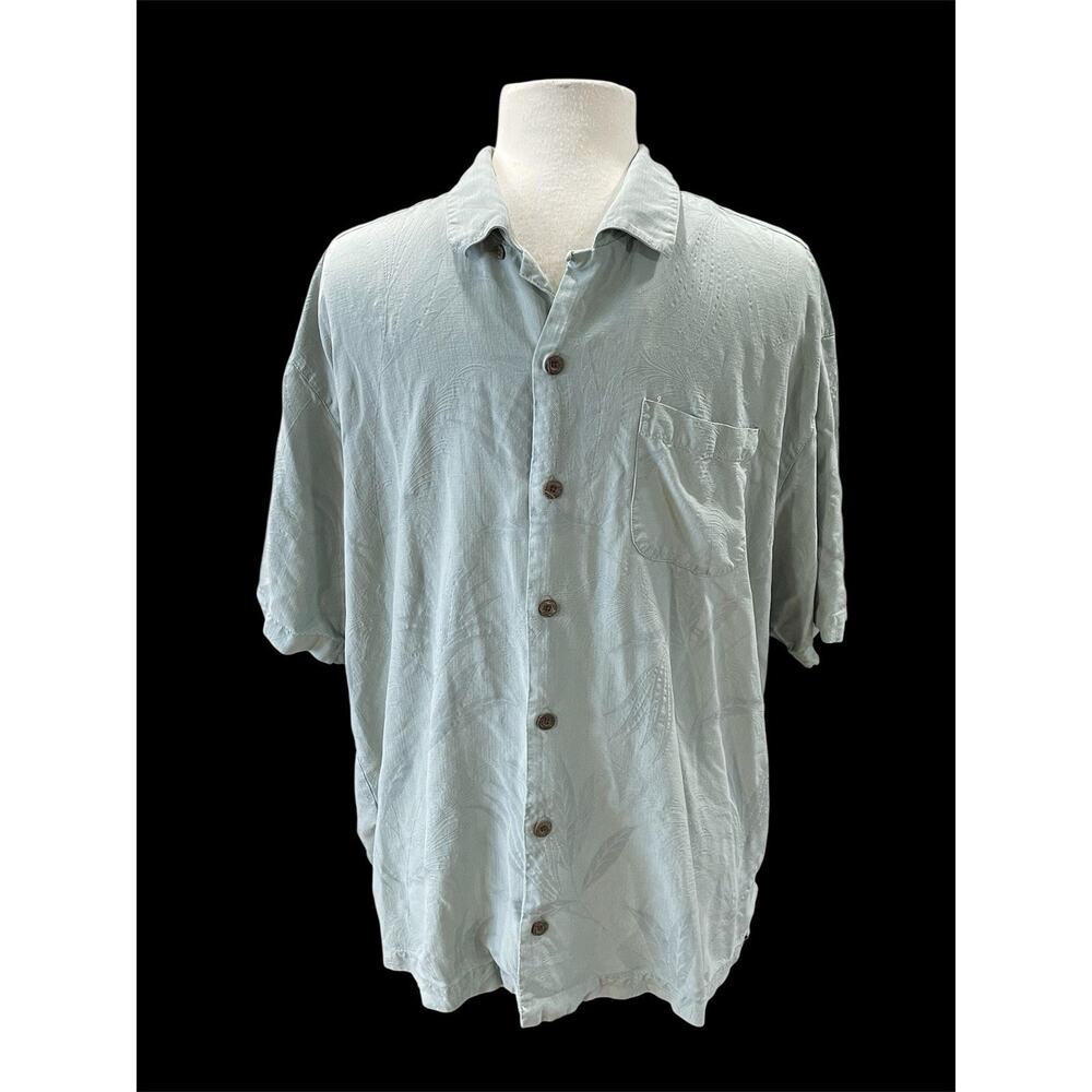Tommy Bahama 100% Silk Green Button-Up Shirt Wood Buttons Men’s X-Large-Vacation